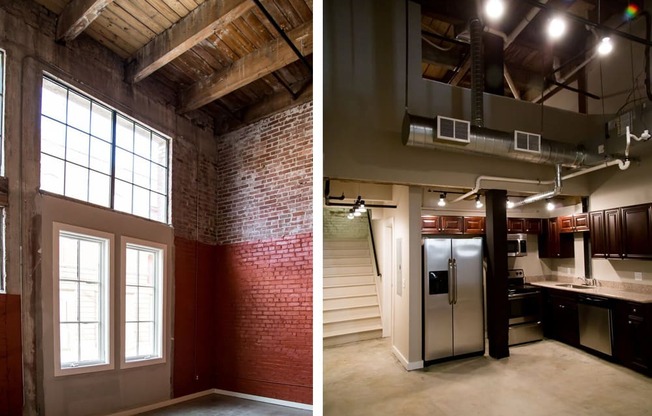 a kitchen and living room in a loft apartment