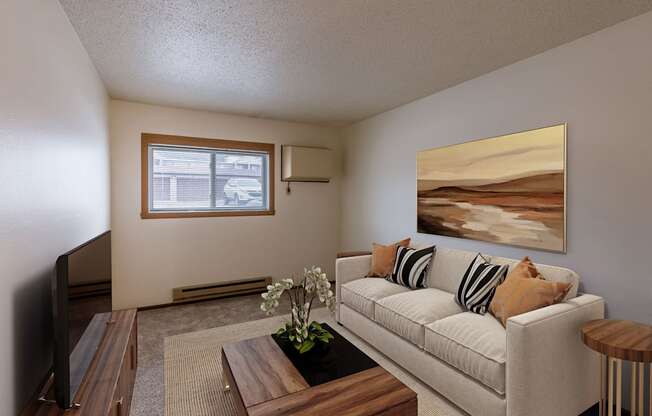 a living room with a couch and a coffee table. Fargo, ND Parkwood East and West Apartments