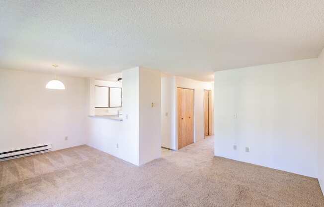 A room with a carpeted floor and a window.