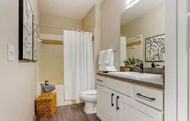 a bathroom with a sink and a toilet and a shower at Summerwind, Pearland