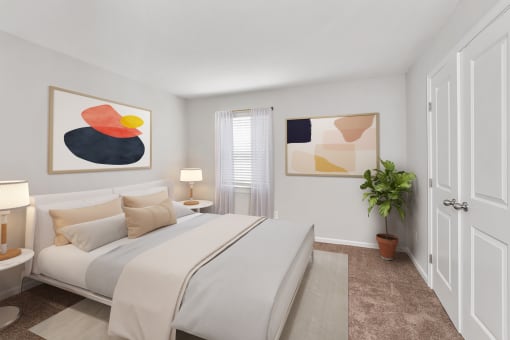 Bedroom With Expansive Windows at Staples Mill Townhomes, Richmond, VA