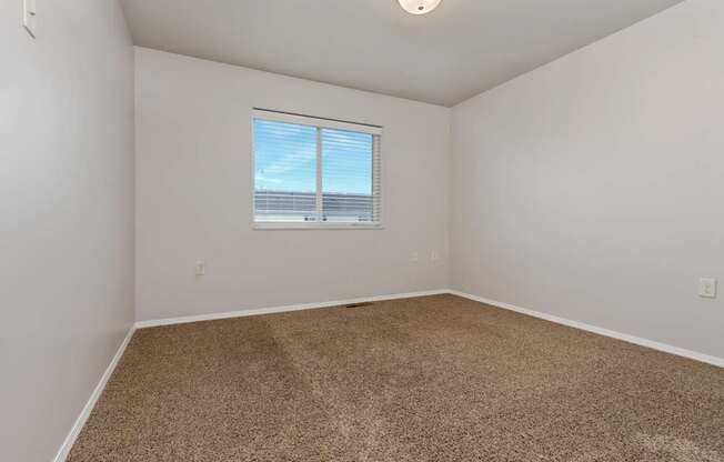 A room with a carpeted floor and a window.
