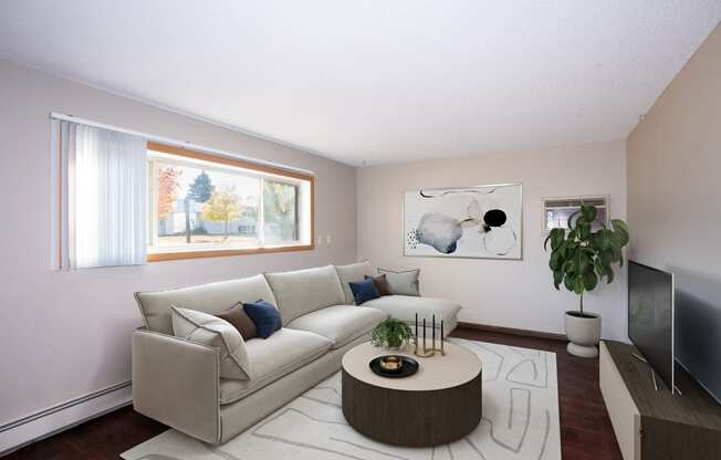 a living room with a white couch and a round coffee table.  Fargo, ND Country Club Apartments