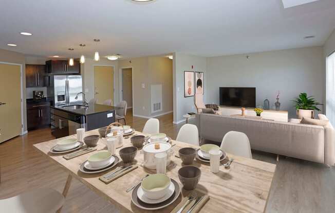 Open concept dining area, living room and kitchen.