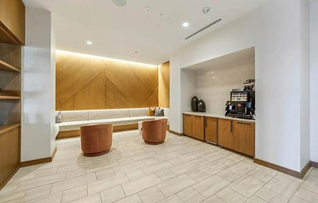 Lobby with coffee machine at Bayview Apartments, California
