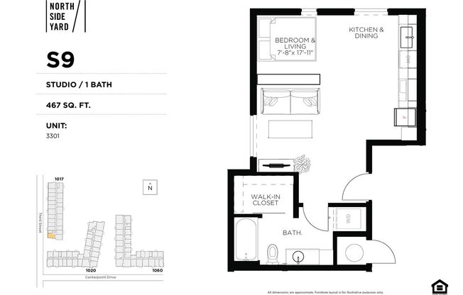 Studio, 1 bath, 467 sqft, $1,100, Unit 3301