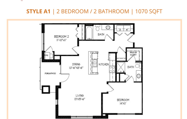 2 beds, 2 baths, 1,070 sqft, $1,435, Unit 101