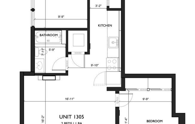 2 beds, 1 bath, 823 sqft, $1,899, Unit 1-305