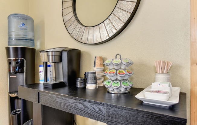 Coffee bar and water refill station located in the community leasing office. 