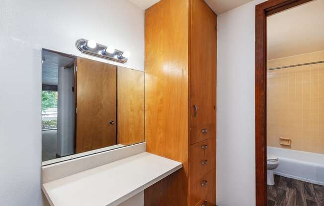 a bathroom with a large mirror and a sink