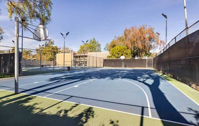 A basketball court with a blue surface and white lines.