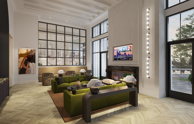 Expansive clubroom with fireplace, gathering space, and demonstration kitchen.