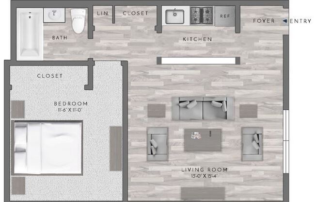 1 bed, 1 bath, 467 sqft, $2,595