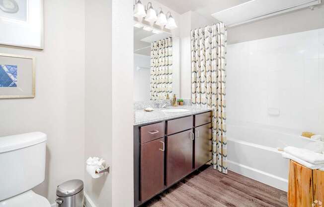 A bathroom with a toilet, sink, and a wooden floor.