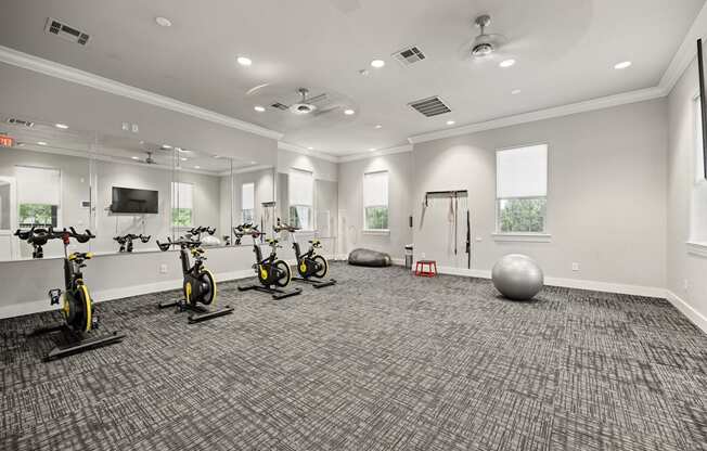 A room with a grey carpet and exercise equipment.