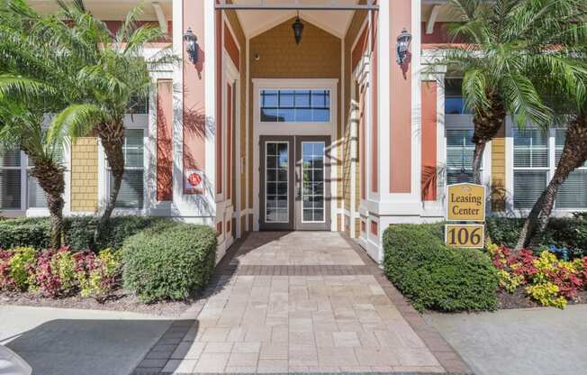 Leasing office entry at The Amalfi Clearwater Apartments