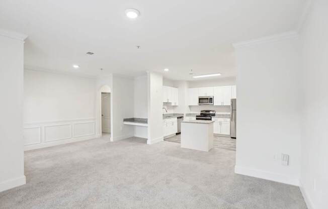 Living room with a carpeted floor and a kitchen in the background.