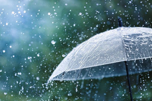 An umbrella is open and raindrops are falling on it.
