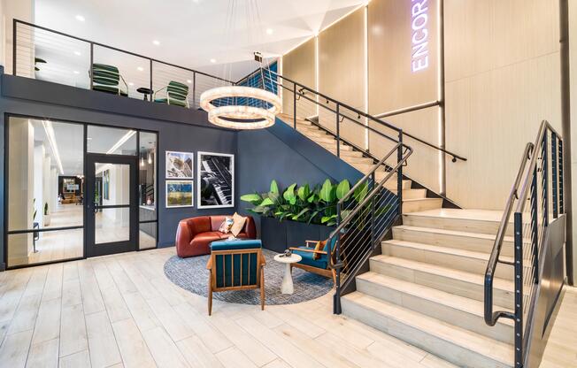 Hotel-inspired lobby with comfortable seating at Modera Encore in Tampa, FL.