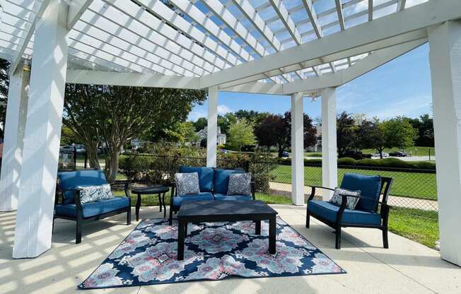 Covered patio with chairs and a table at The Chase, Burlington, NC 27215