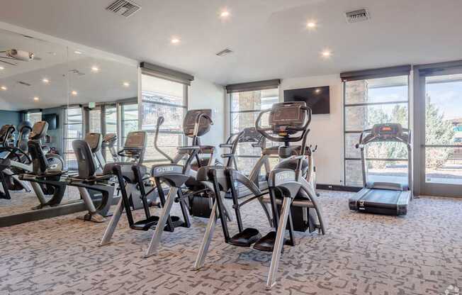 A gym with treadmills, stationary bikes, and elliptical machines.