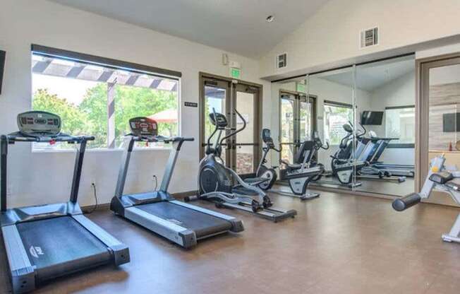 A gym with treadmills and elliptical machines.