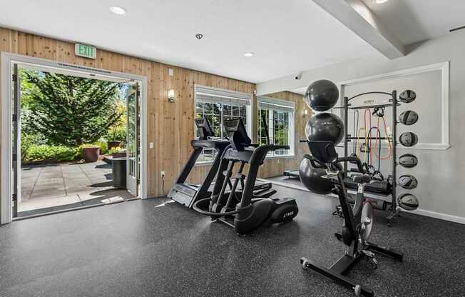 A gym with a variety of equipment including a treadmill, weights, and a rowing machine.