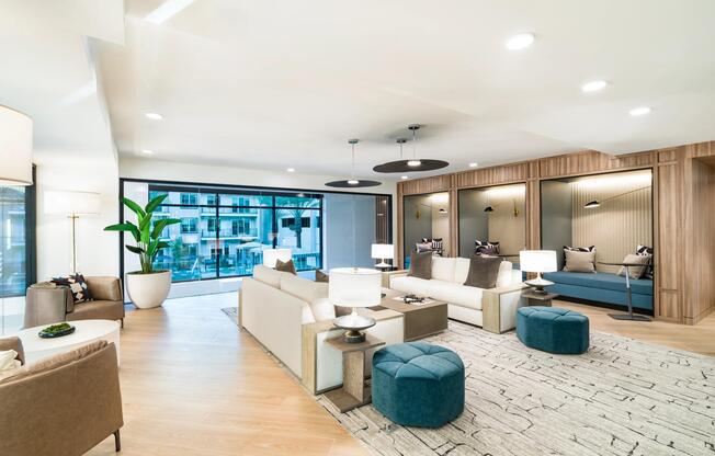 Ample seating and cozy alcoves make this lounge the perfect spot to unwind, work remotely, or catch up with neighbors.