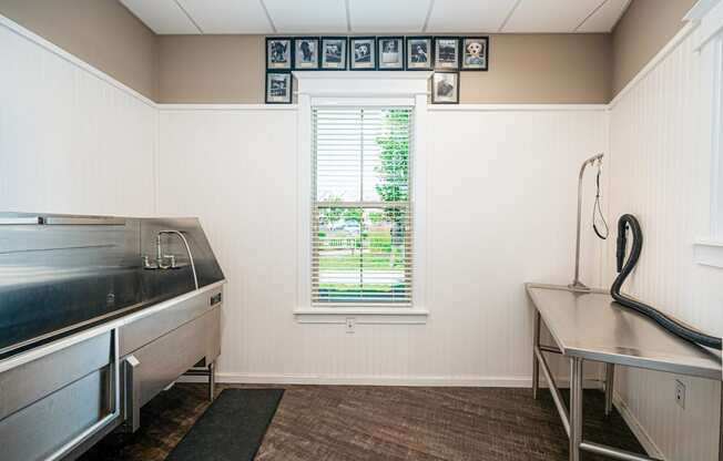a kitchen with a sink and a window