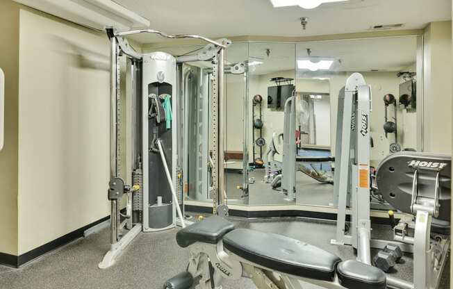 a gym with weights and other equipment in a residents home