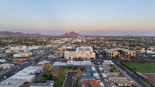 an aerial view of the city