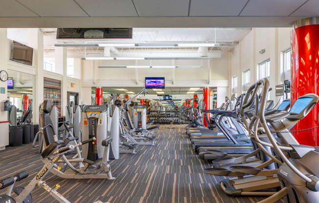 a gym with cardio equipment and weights on the floor
