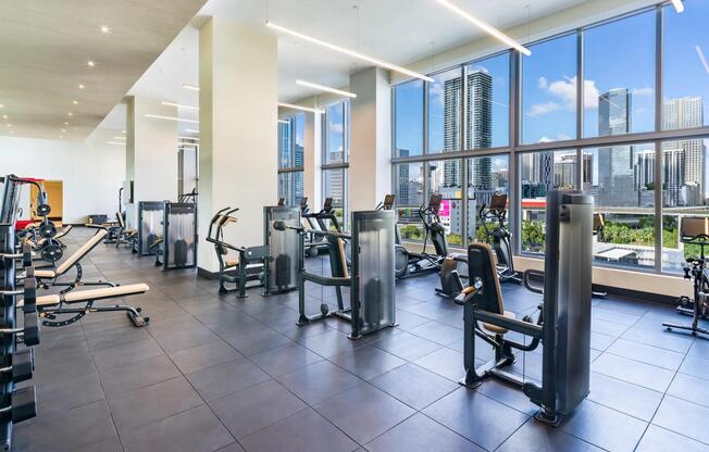 Elevate your workout at Modera Riverside’s expansive fitness studio with inspiring Miami skyline views.