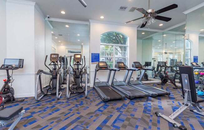 A gym with a variety of equipment including treadmills, stationary bikes, and weight machines.