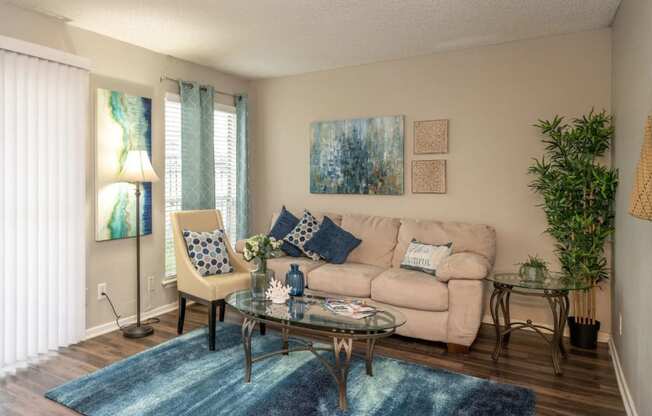 a living room with a tan couch and blue rug