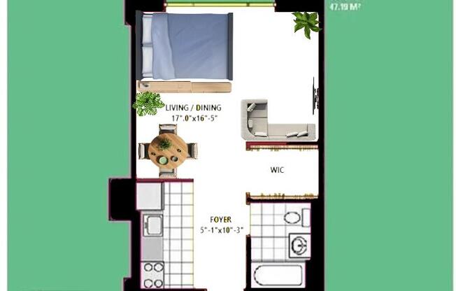 Studio, 1 bath, 508 sqft, $3,950, Unit N5G
