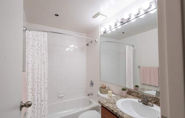 a bathroom with a sink and a tub and a mirror at Lowertown Commons Apartments, St. Paul, MN