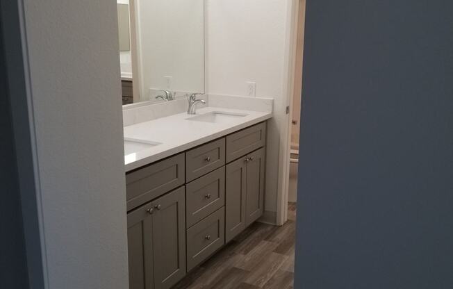 2x1 Bathroom Vanity white countertop and grey cabinets