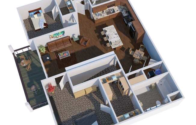 a 3d floor plan of a house with a living room and a kitchen