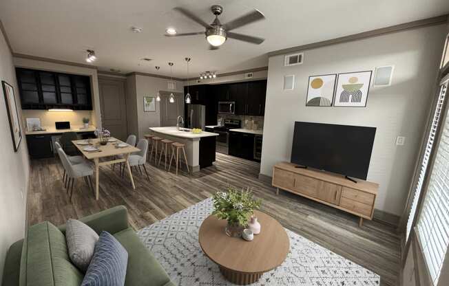 a living room with a couch and a table