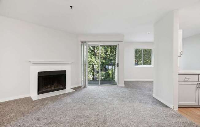 A white room with a fireplace and a carpet.