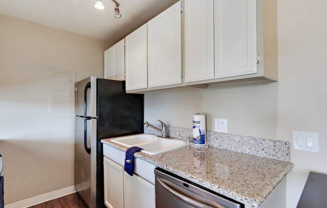 Kitchen with stainless steel 2 door refrigerator, double kitchen sink, dishwasher, granite countertops