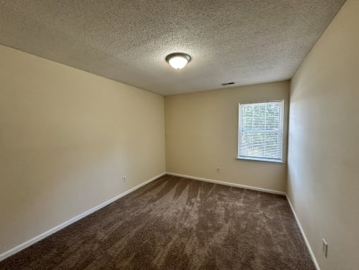 an empty living room with carpet and a window