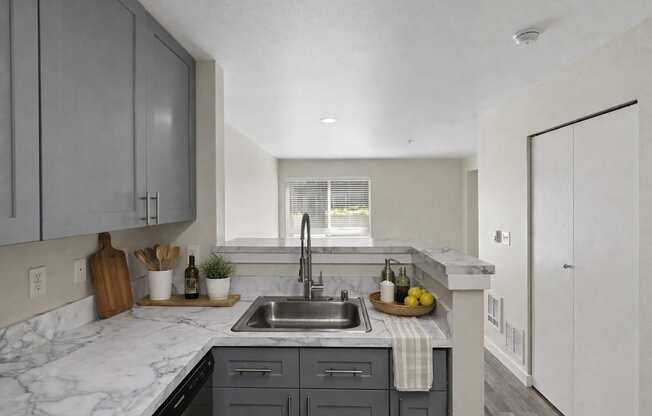 A kitchen with a marble countertop and grey cabinets.