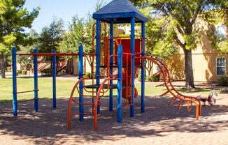 Multi Colored Playground in Shaded Courtyard with Tall Trees