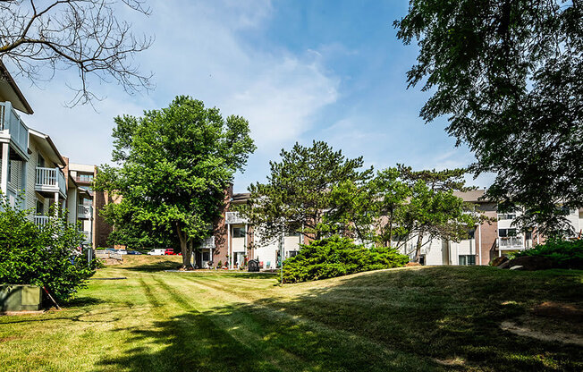 a grassy area with trees and apartments in the background