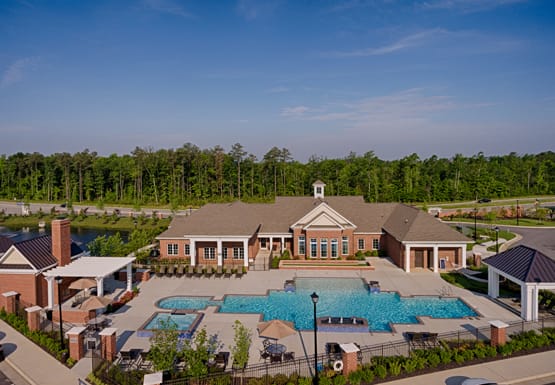 Aerial view of community clubhouse and pool