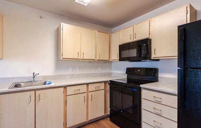 A kitchen with black appliances and wooden cabinets.