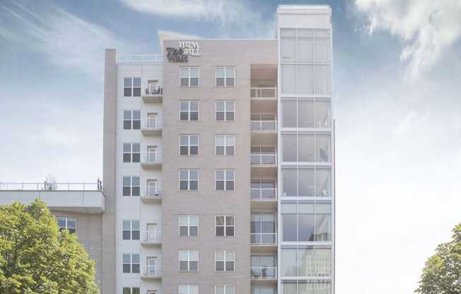 Building exterior view with skylineat The Whit Apartments, Indiana