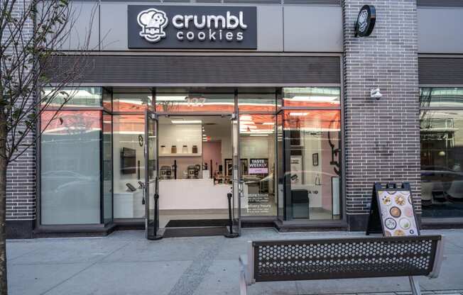 Front entrance to Crumble Cookies at Boston Landing, Allston MA